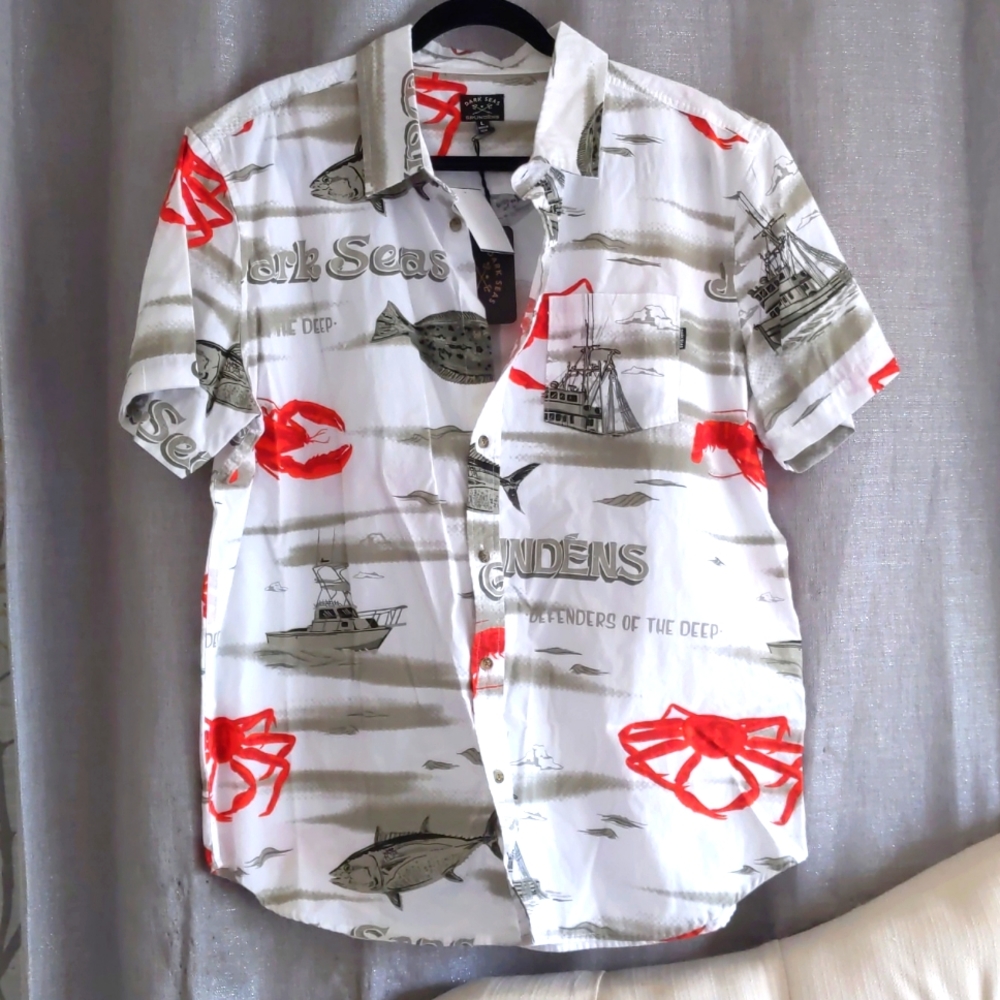 Men's Casual Lobster Fishing Button Collar Shirt Sz L